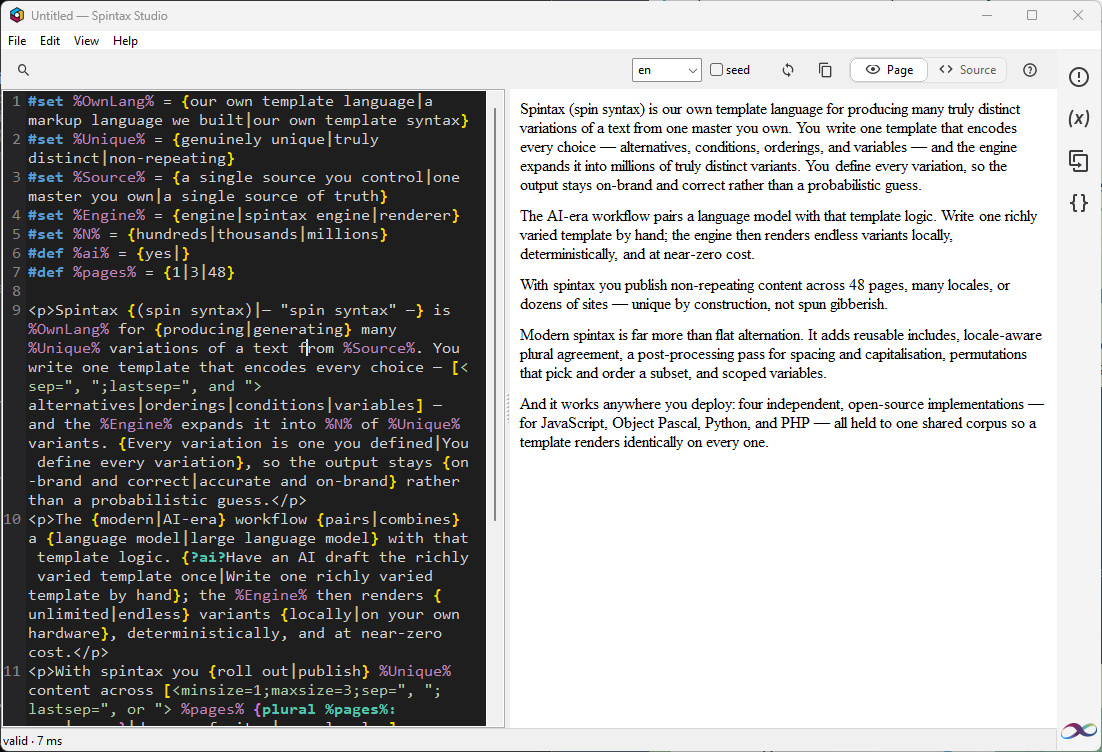 Spintax Studio showing a template editor beside its rendered page preview