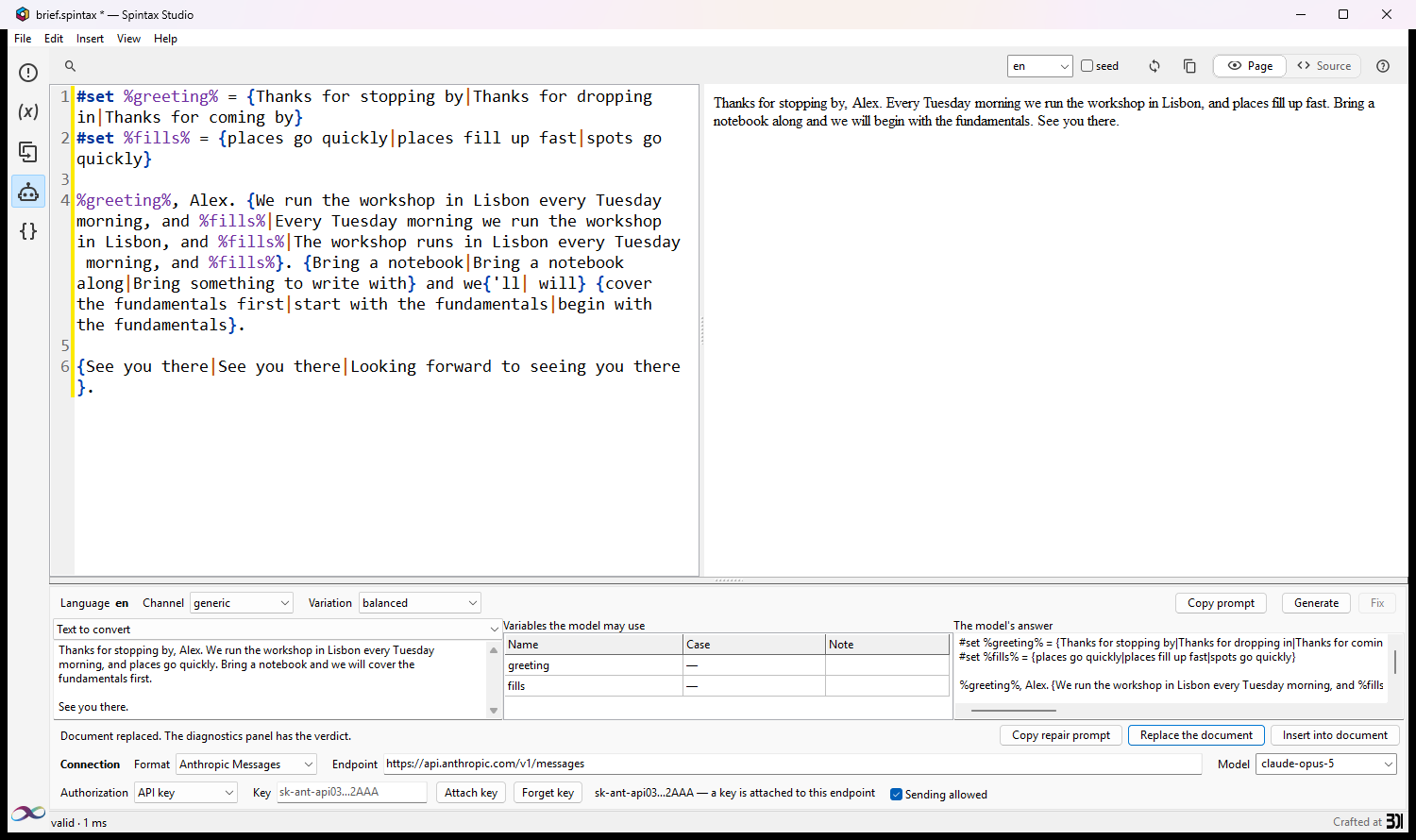 The AI draft panel: plain text in the brief, the generated template applied to the document, its render in the preview