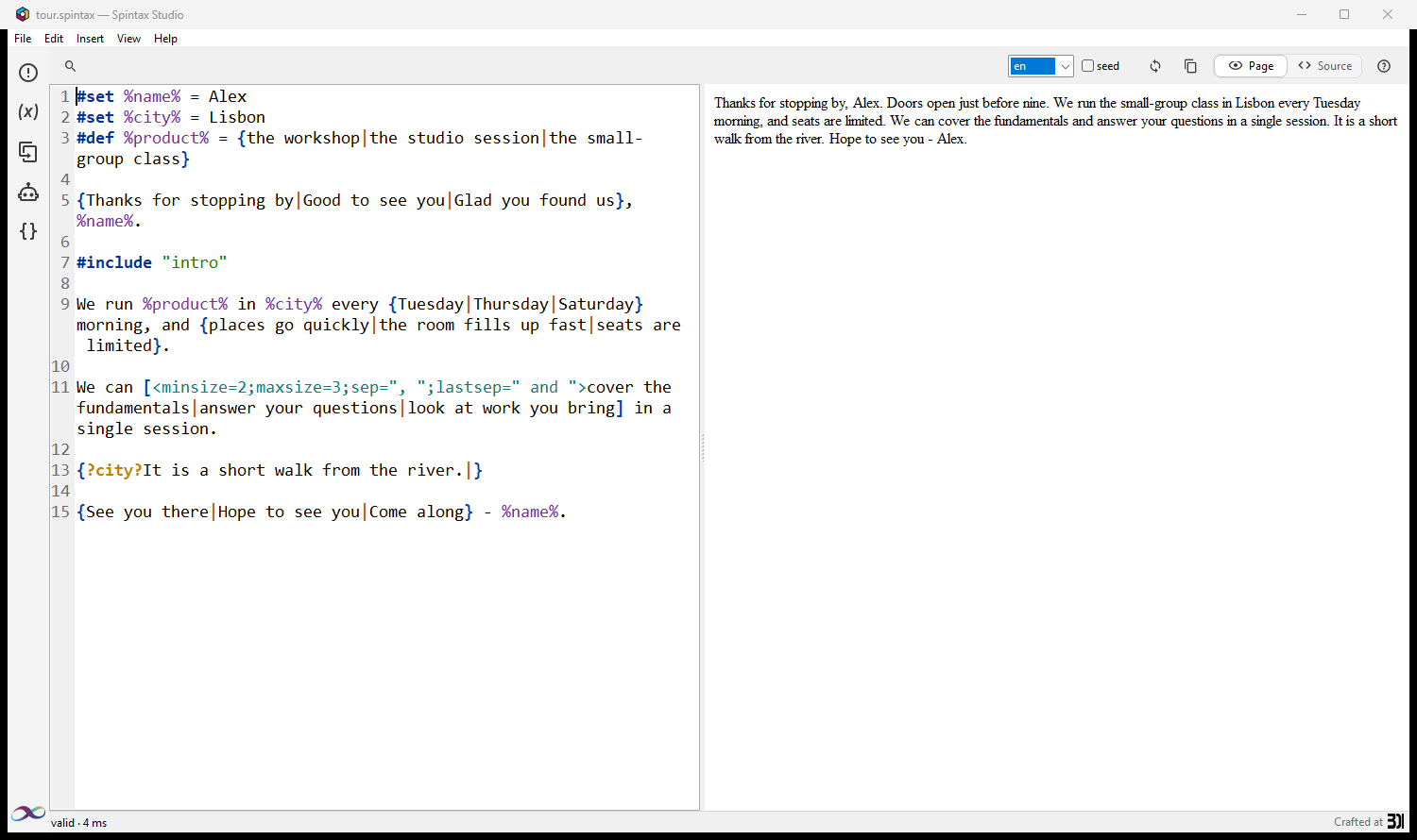 Spintax Studio showing a template editor beside its rendered page preview